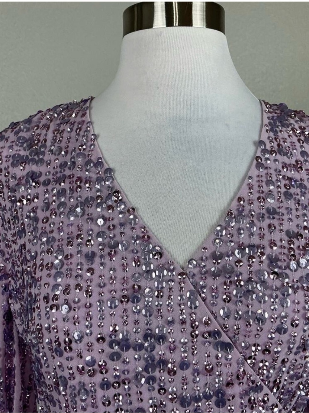 NWT Mac Duggal Purple Sequined Puff Sleeve V Neck Midi Lavender 14 - Picture 15 of 16